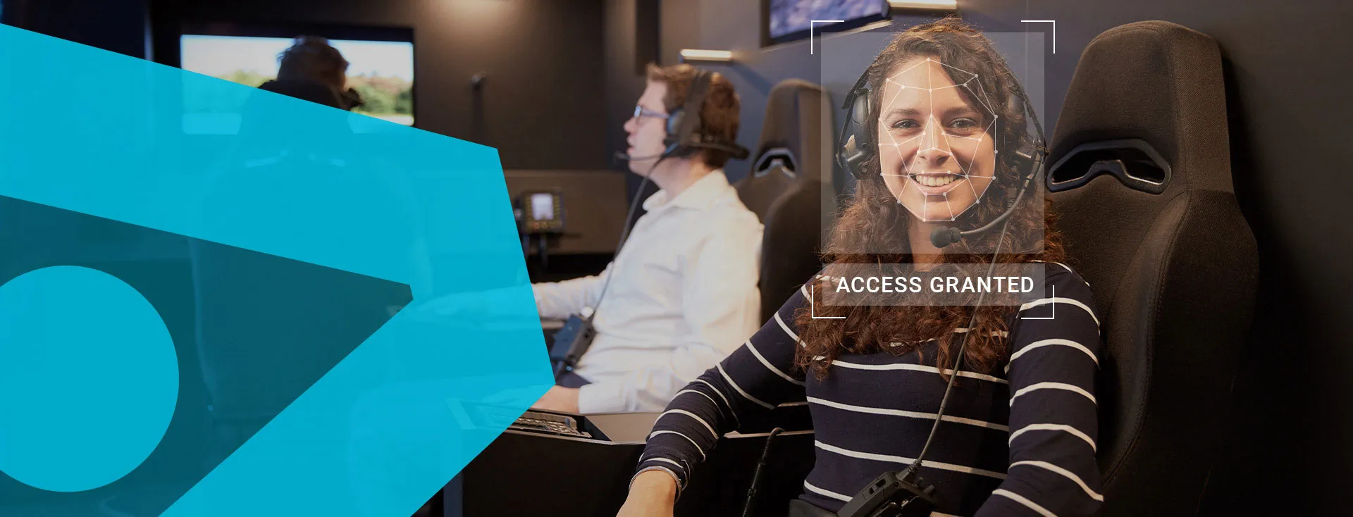 Woman wearing a headset with biometric tech overlay on her face and the text 'access granted' below